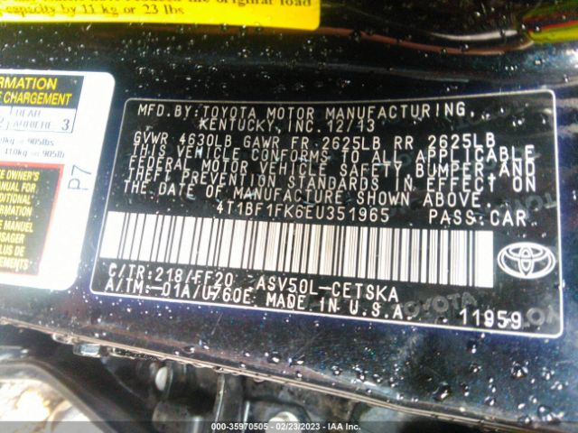4T1BF1FK6EU351965 Toyota Camry L/le/xle/se/se Sport