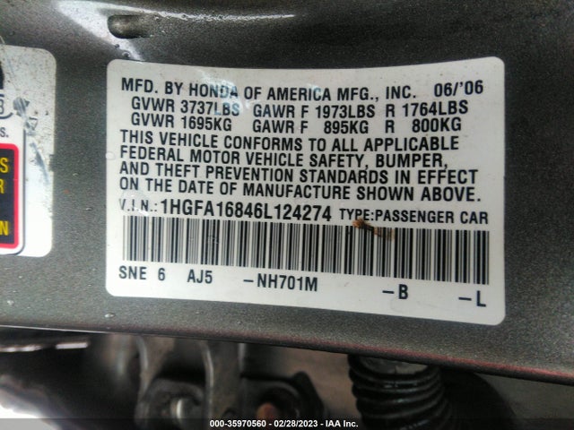 Honda CIVIC SDN 2006 1HGFA16846L124274 Image 10