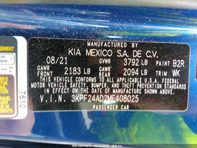 2021 KIA FORTE LXS VIN: 3KPF24AD2ME408025