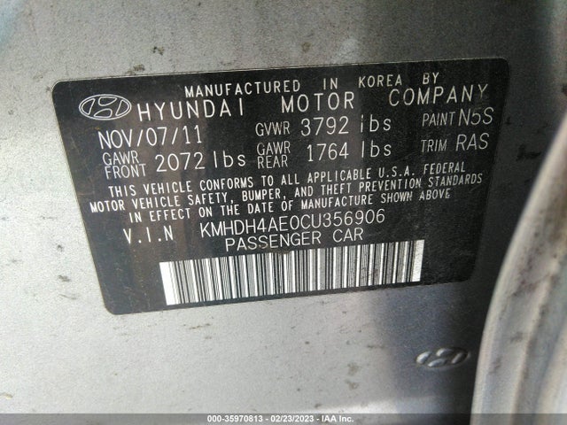 2012 HYUNDAI ELANTRA GLS VIN: KMHDH4AE0CU356906
