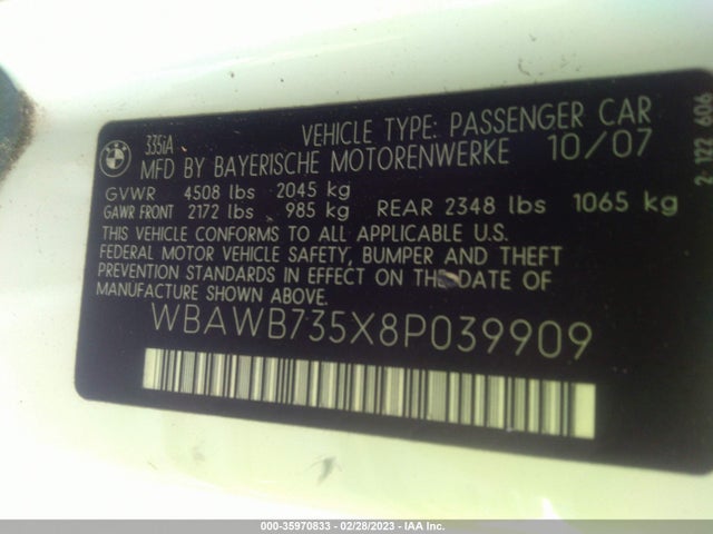 2008 BMW 3 SERIES 335I VIN: WBAWB735X8P039909
