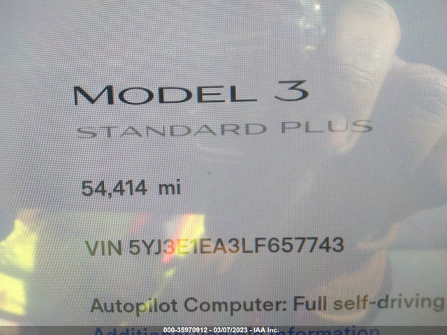 35970912 :رقم المزاد ، 5YJ3E1EA3LF657743 vin ، 2020 Tesla Model 3 Standard Range مزاد بيع
