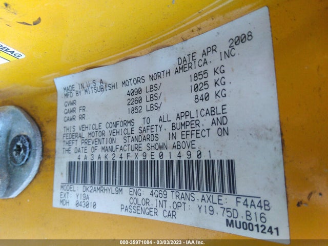 4A3AK24FX9E014901 Mitsubishi ECLIPSE GS