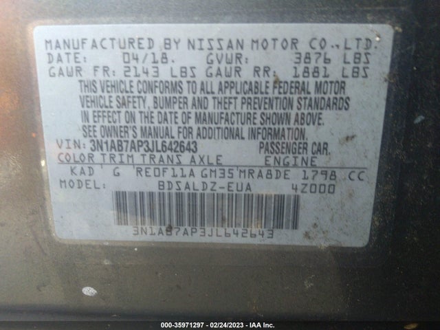 2018 Nissan Sentra Sv მანქანა იყიდება აუქციონზე, vin: 3N1AB7AP3JL642643, აუქციონის ნომერი: 35971297