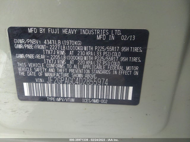 2013 SUBARU XV CROSSTREK LIMITED VIN: JF2GPAGC4D2855974