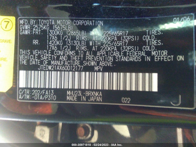 2006 TOYOTA HIGHLANDER HYBRID VIN: JTEDW21AX60012177