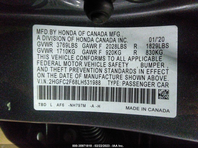 2020 HONDA CIVIC SEDAN LX VIN: 2HGFC2F68LH531988