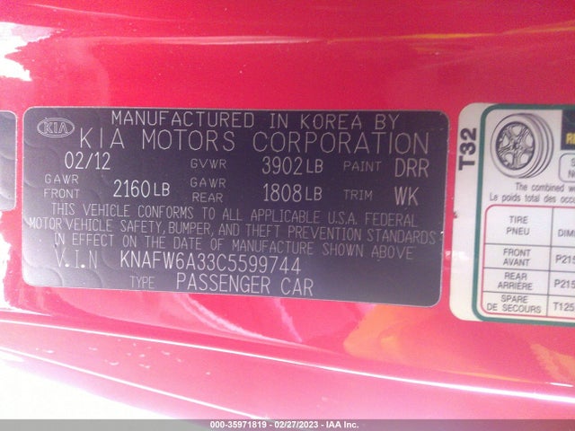 2012 KIA FORTE KOUP SX VIN: KNAFW6A33C5599744