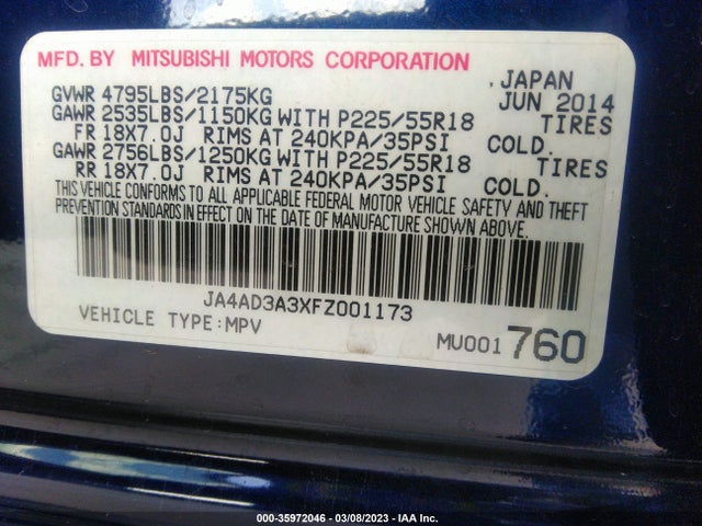 2015 MITSUBISHI OUTLANDER SE VIN: JA4AD3A3XFZ001173