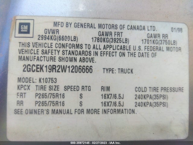 1998 CHEVROLET C/K 1500 VIN: 2GCEK19R2W1206666