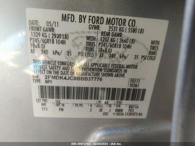 2011 FORD EDGE SEL VIN: 2FMDK4JC8BBB37776