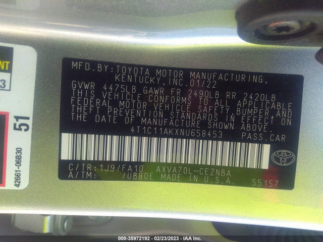 2022 Toyota Camry, VIN: 4T1C11AKXNU658453