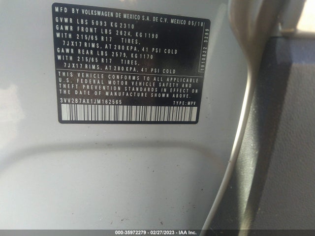 2018 VOLKSWAGEN TIGUAN SEL/SE VIN: 3VV2B7AX1JM162565