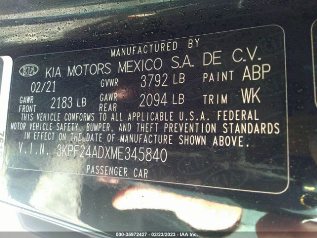 3KPF24ADXME345840 KIA Forte Lxs