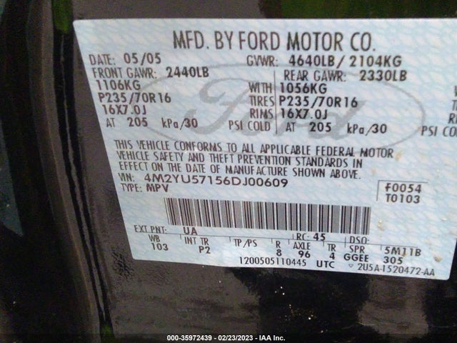2006 MERCURY MARINER LUXURY/PREMIER VIN: 4M2YU57156DJ00609