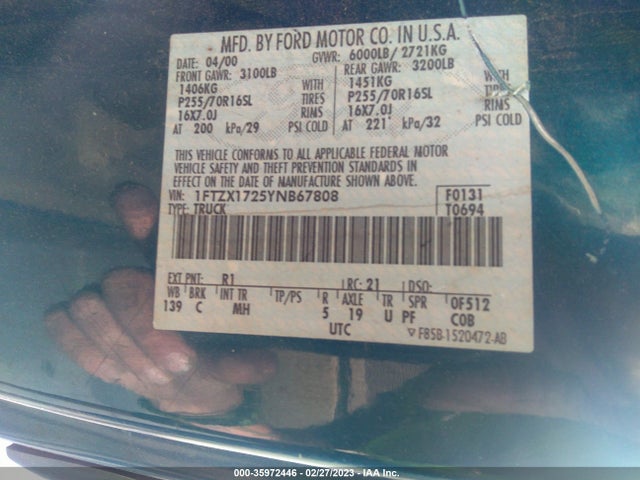 2000 FORD F-150 VIN: 1FTZX1725YNB67808