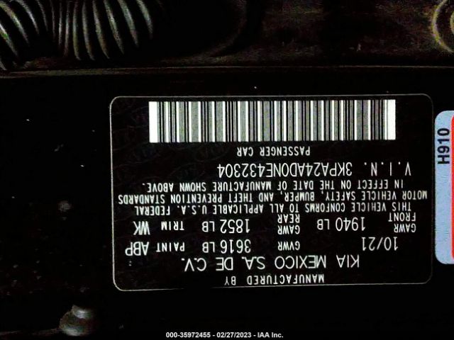 3KPA24AD0NE432304 KIA RIO S