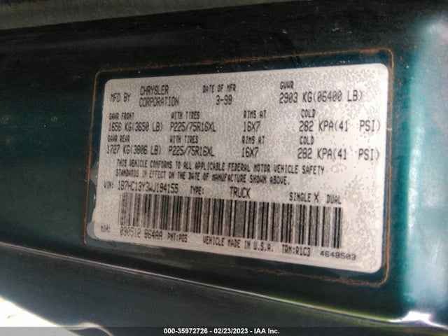 Dodge RAM 1500 1998 1B7HC13Y3WJ194155 Image 10