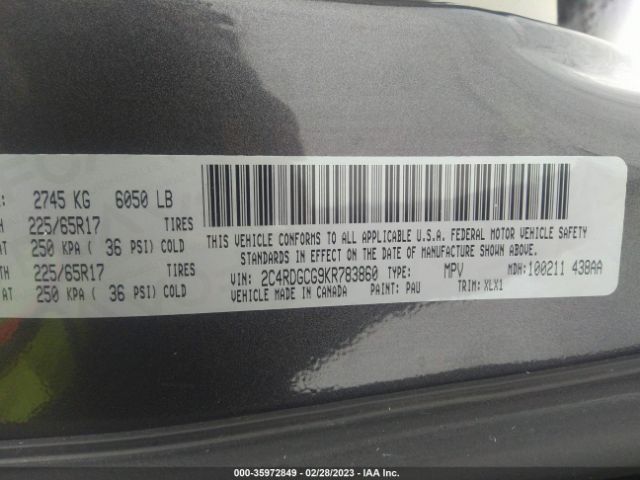 2C4RDGCG9KR783860 Dodge Grand Caravan Sxt
