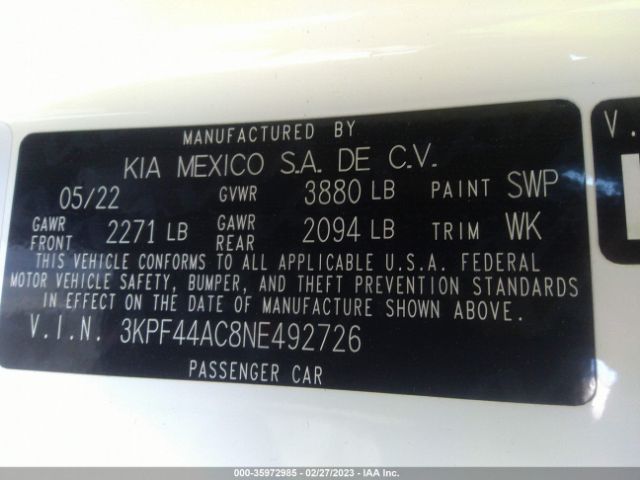 3KPF44AC8NE492726 KIA FORTE GT