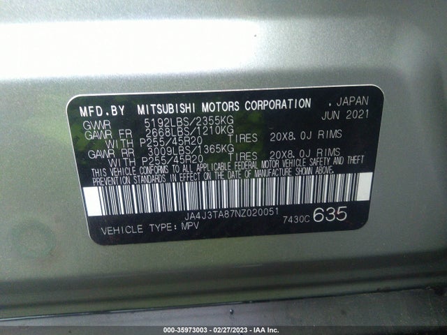 JA4J3TA87NZ020051 Mitsubishi Outlander Es