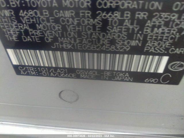 JTHBK1EG5B2458329 Lexus ES 350