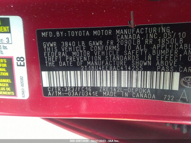 2010 TOYOTA COROLLA VIN: 2T1BU4EE8AC414255