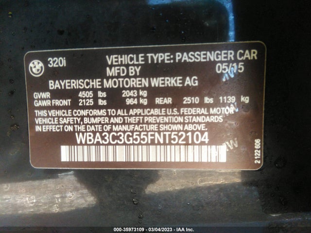 2015 BMW 3 SERIES 320I XDRIVE VIN: WBA3C3G55FNT52104