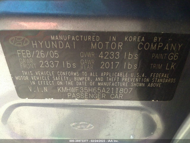 2005 HYUNDAI SONATA GLS/LX/GLS SPECIAL VALUE VIN: KMHWF35H65A211807