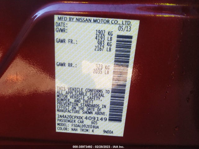 2013 NISSAN LEAF SV VIN: 1N4AZ0CPXDC409149