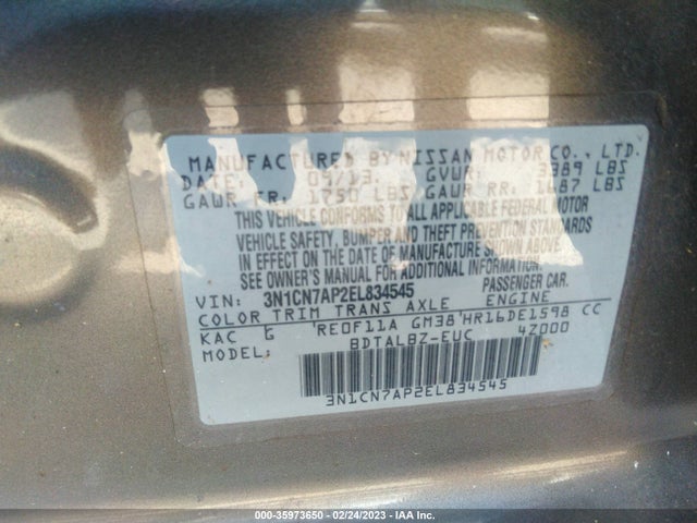 2014 NISSAN VERSA SV VIN: 3N1CN7AP2EL834545