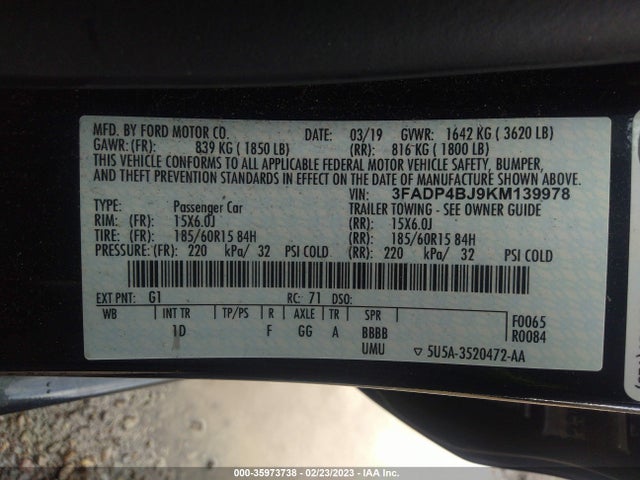 2019 FORD FIESTA SE VIN: 3FADP4BJ9KM139978