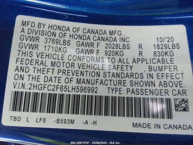 2HGFC2F65LH596992 Honda Civic Sedan Lx