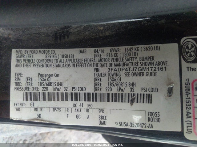 2016 FORD FIESTA S VIN: 3FADP4TJ7GM172161