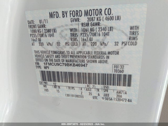 2011 FORD ESCAPE XLS VIN: 1FMCU9C79BKB46947
