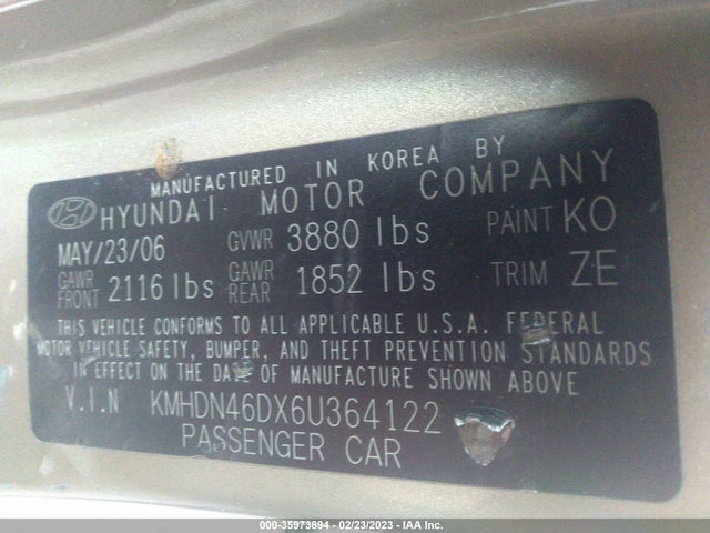 2006 HYUNDAI ELANTRA GLS/LIMITED VIN: KMHDN46DX6U364122