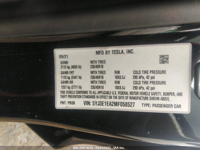 Tesla Model 3 Standard Range Plus 2021 5YJ3E1EA2MF058527 Image 9