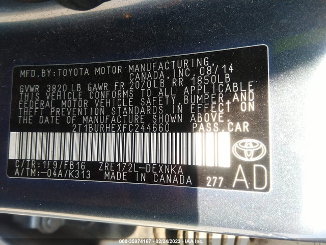 2015 TOYOTA COROLLA L/LE/S/S PLUS/LE PLUS VIN: 2T1BURHEXFC244660