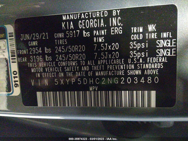 2022 KIA TELLURIDE SX VIN: 5XYP5DHC2NG203480