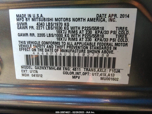 4A4AP3AU3EE027280 Mitsubishi Outlander Sport Es