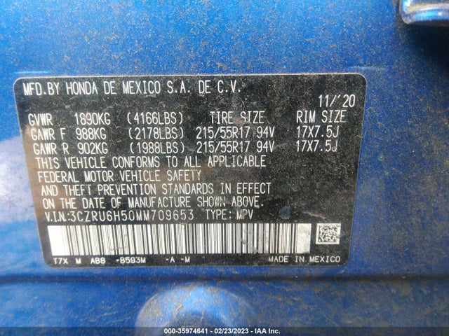 2021 HONDA HR-V EX VIN: 3CZRU6H50MM709653