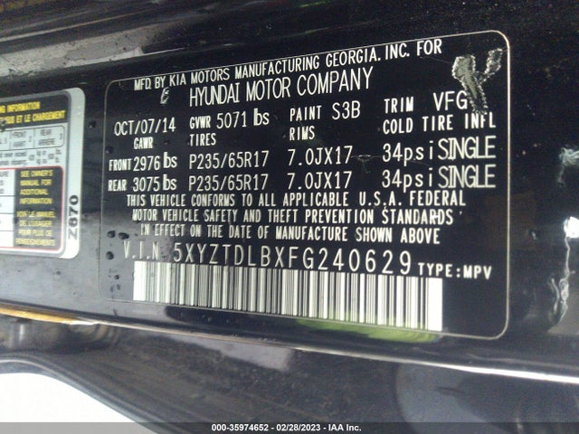 2015 Hyundai Santa Fe, VIN: 5XYZTDLBXFG240629