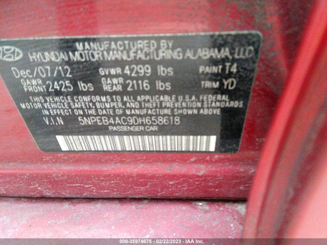 2013 HYUNDAI SONATA GLS PZEV VIN: 5NPEB4AC9DH658618