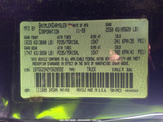 Dodge Dakota Sport/slt 2000 1B7GG22N2YS628592 Image 10