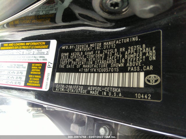 2012 TOYOTA CAMRY L/LE/SE/XLE VIN: 4T1BF1FK1CU057015