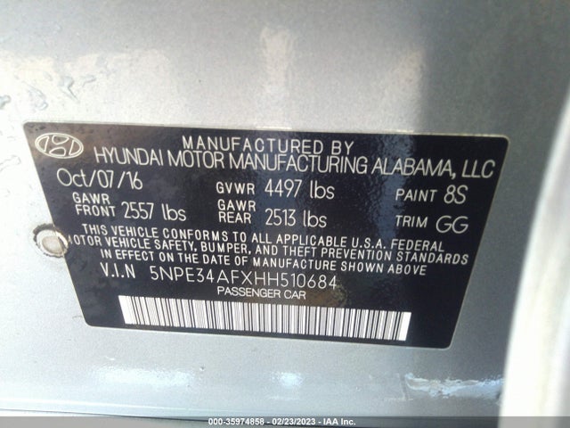 2017 HYUNDAI SONATA LIMITED VIN: 5NPE34AFXHH510684