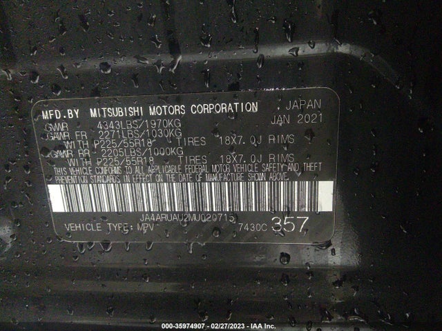 JA4ARUAU2MU020715 Mitsubishi Outlander Sport Es/se/le/be