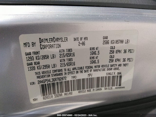 2006 CHRYSLER TOWN & COUNTRY LWB TOURING VIN: 2A4GP54L36R782072