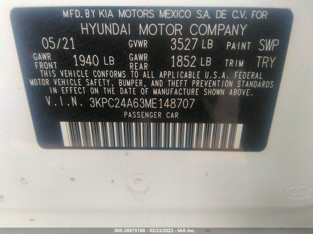 2021 HYUNDAI ACCENT SE VIN: 3KPC24A63ME148707