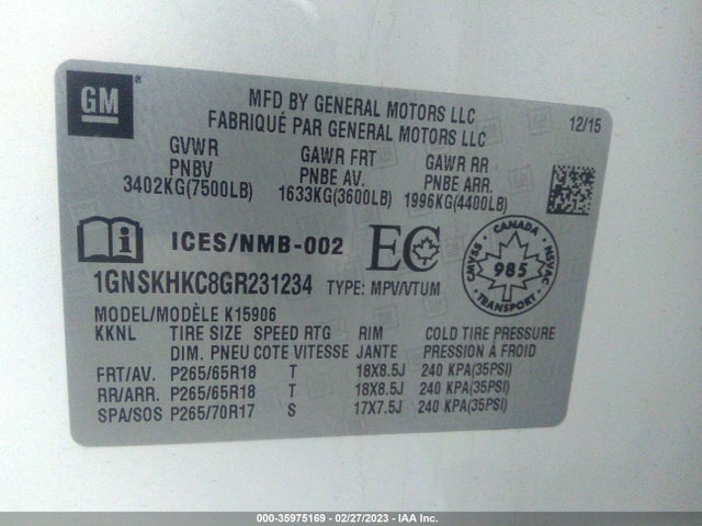 2016 Chevrolet Suburban, VIN: 1GNSKHKC8GR231234